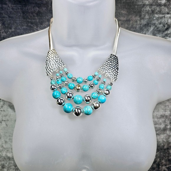 Faux Turquoise Necklace Bib Silvertone Multi Layer Beaded Statement Jewelry - Picture 4 of 8